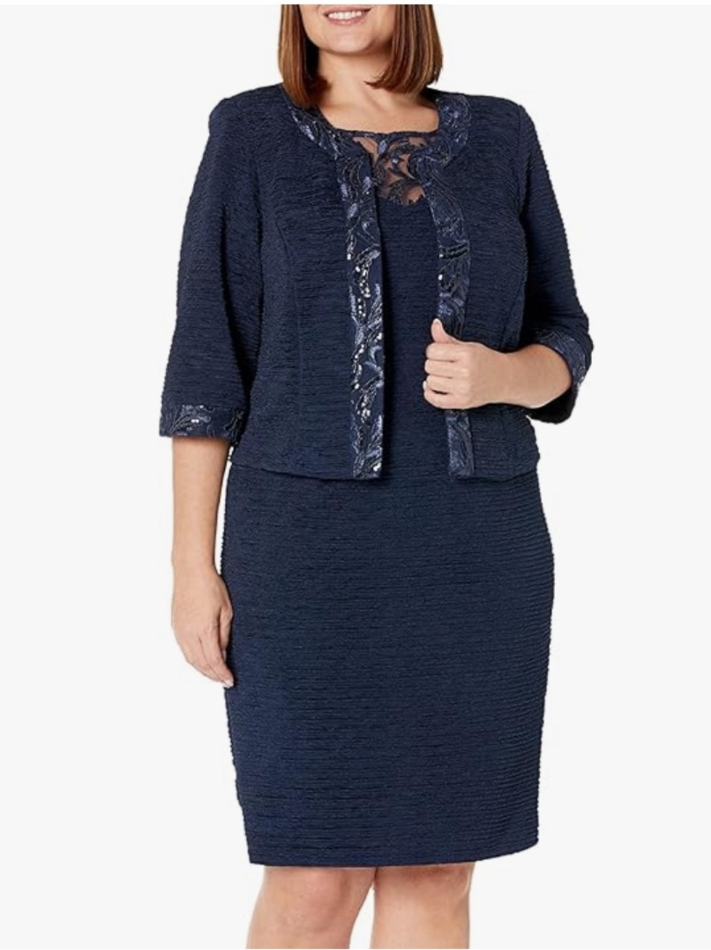 Maya Brooke women’s Navy embellished jacket dress Set textured fabric size 16W